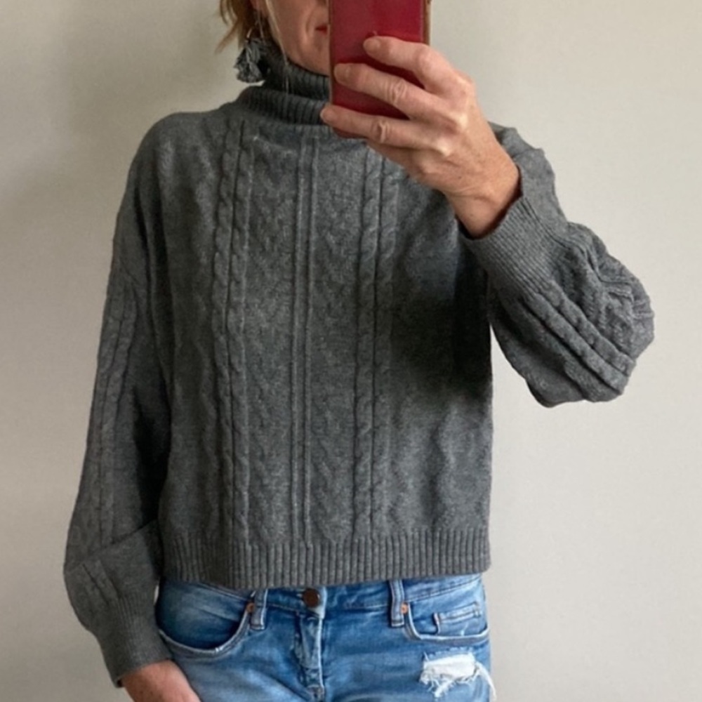 Grey Cable Knit Cropped Turtleneck Sweater - Picture 9 of 9